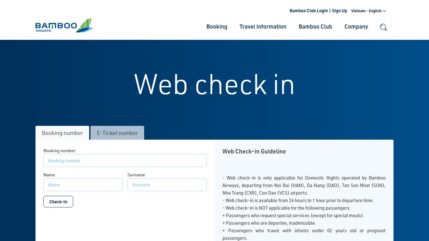 Web check in - Check in Online - Bamboo Airways